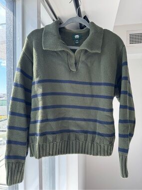 Roots Olive & Navy Striped Collared Knit Sweater